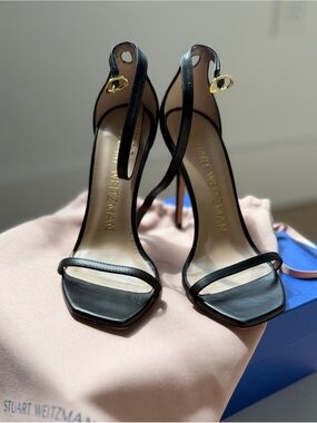 Stuart Weitzman NUDISTCURVE 100 SANDAL Black Calf Leather Heels Size 7/7.5